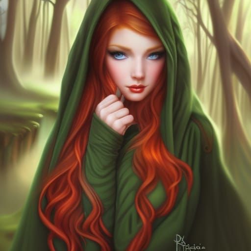 gorgeous red headed elf woman, dark green hooded cloak