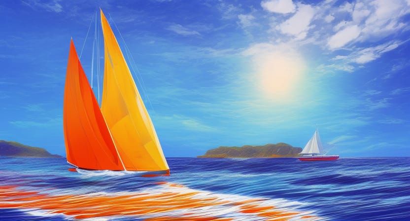 large sailboat, waves, vibrant color, coast line, sunny skie...