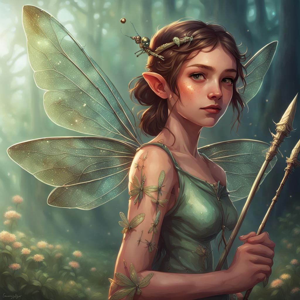 Fairy Girl with Spear and Dragonfly Wings