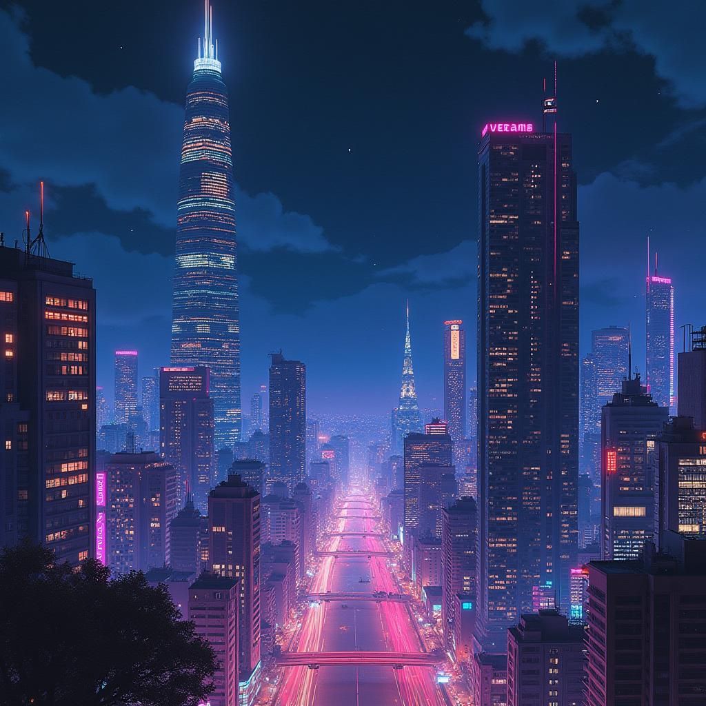 Night cityscape from afar, in retro anime style 
