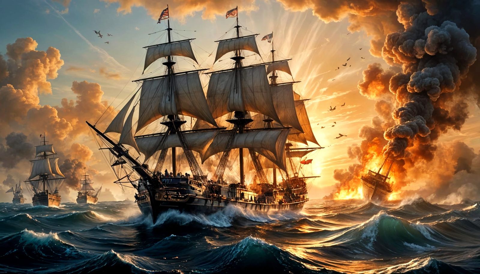 An 18th-century man-of-war unleashes its final cannon volley amid a golden sunset.  by @John P