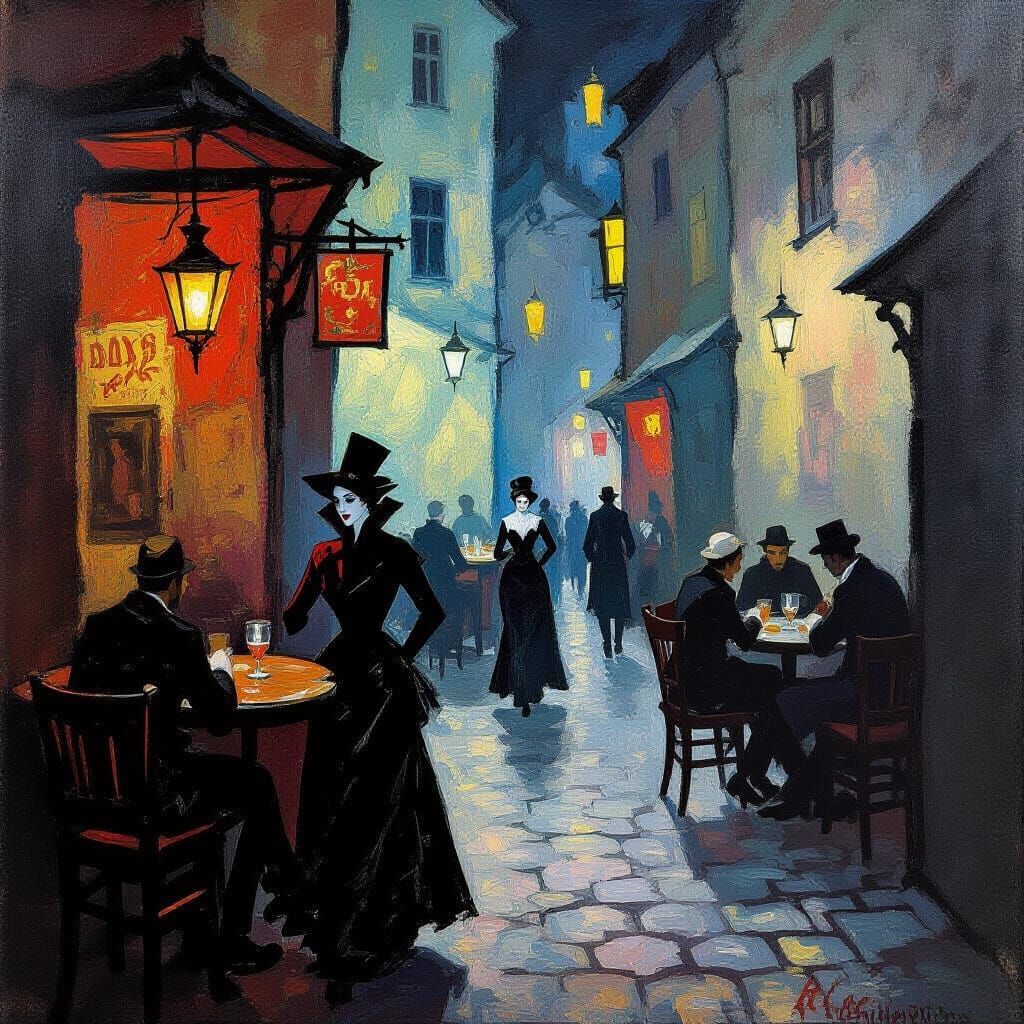 Vampire in night tavern 
Taverns and Alleyways by Kees van Dongen and Mikhail Vrubel  by @VM
