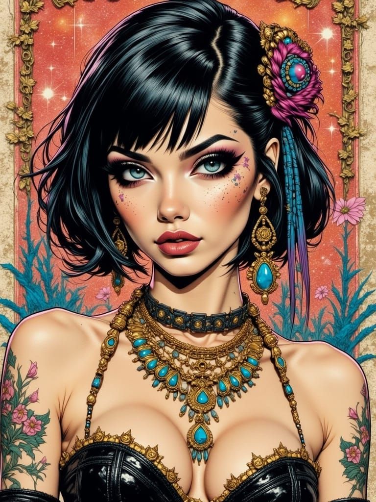 <lora:WastelandSlap:1.0>  Spectrum Cosmic Serenade, art nouveau, digital collage, grunge, conrad roset, cleopatra, Egyptian, slick black bob...