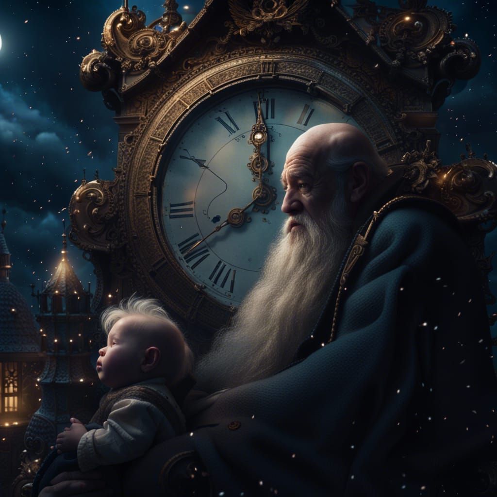 father time and baby new year watching time tick down to midnight  by @Kirrishar