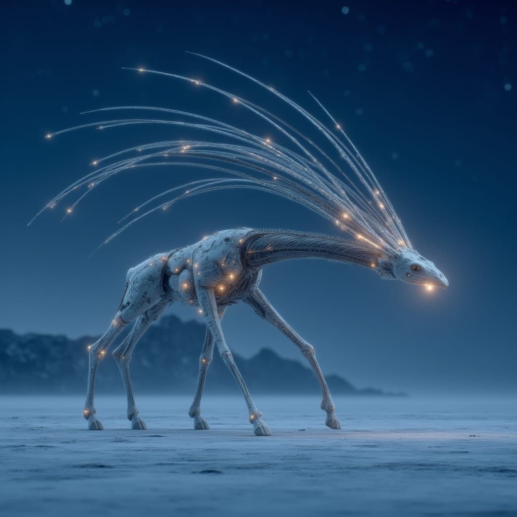 <lora:Animal Mutants:1.0> HD photography of a sci-fi alien mutant giraffe with telescoping neck segments and starlight-sensing antennae, mov...