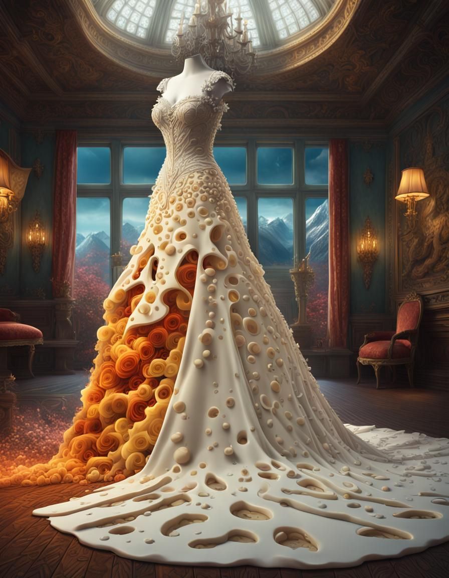 Stunning wedding dress made of Swiss Cheese Epic cinematic brilliant stunning intricate meticulously ...  by @Vinnie