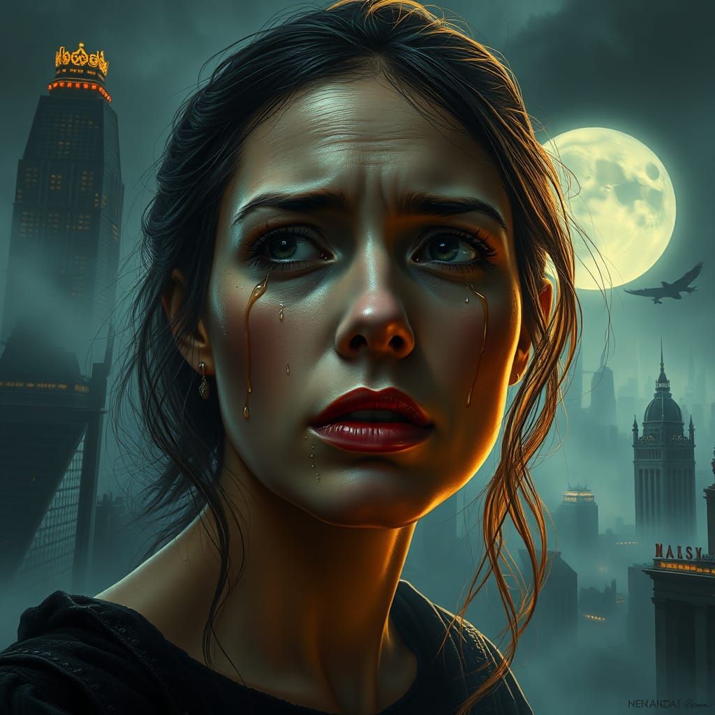 Sorrowful Woman in Mist-Shrouded Cyberpunk Cityscape