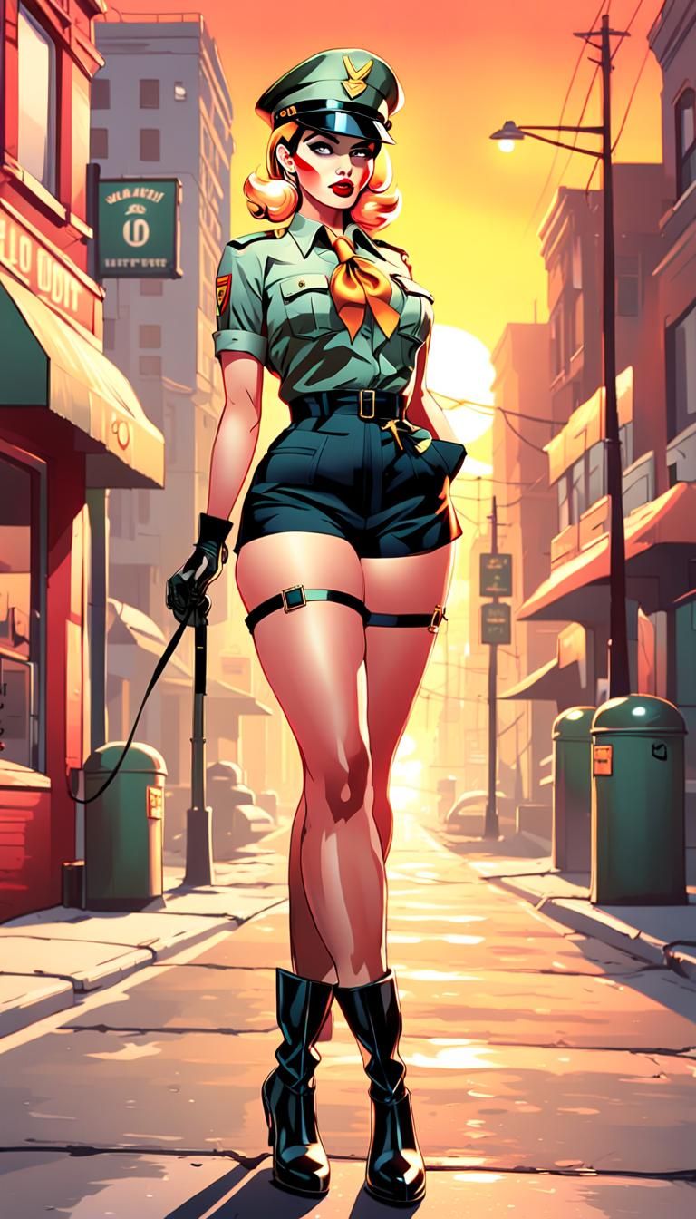 A pinup girl in tight second WWW uniform style shorts and WW...