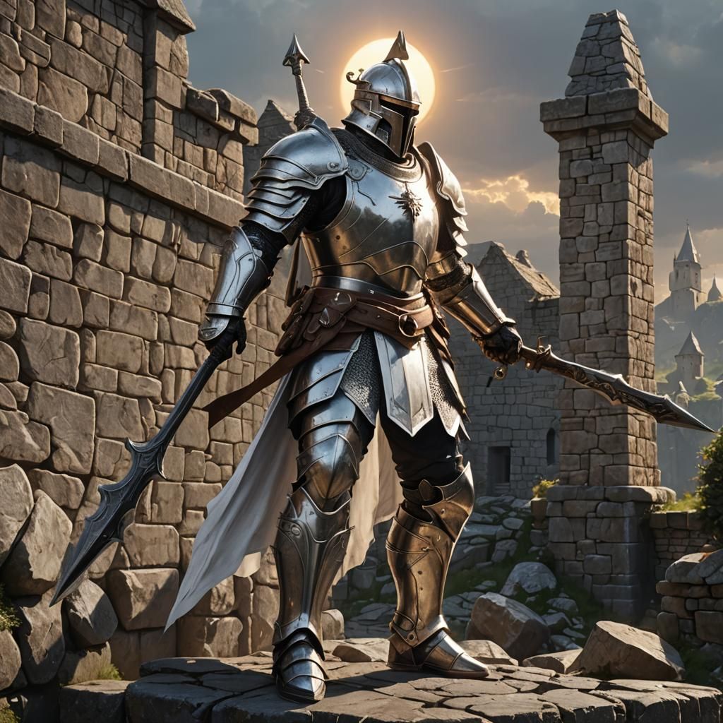 a man in steel armor with a halberd on top of a stone wall. ...
