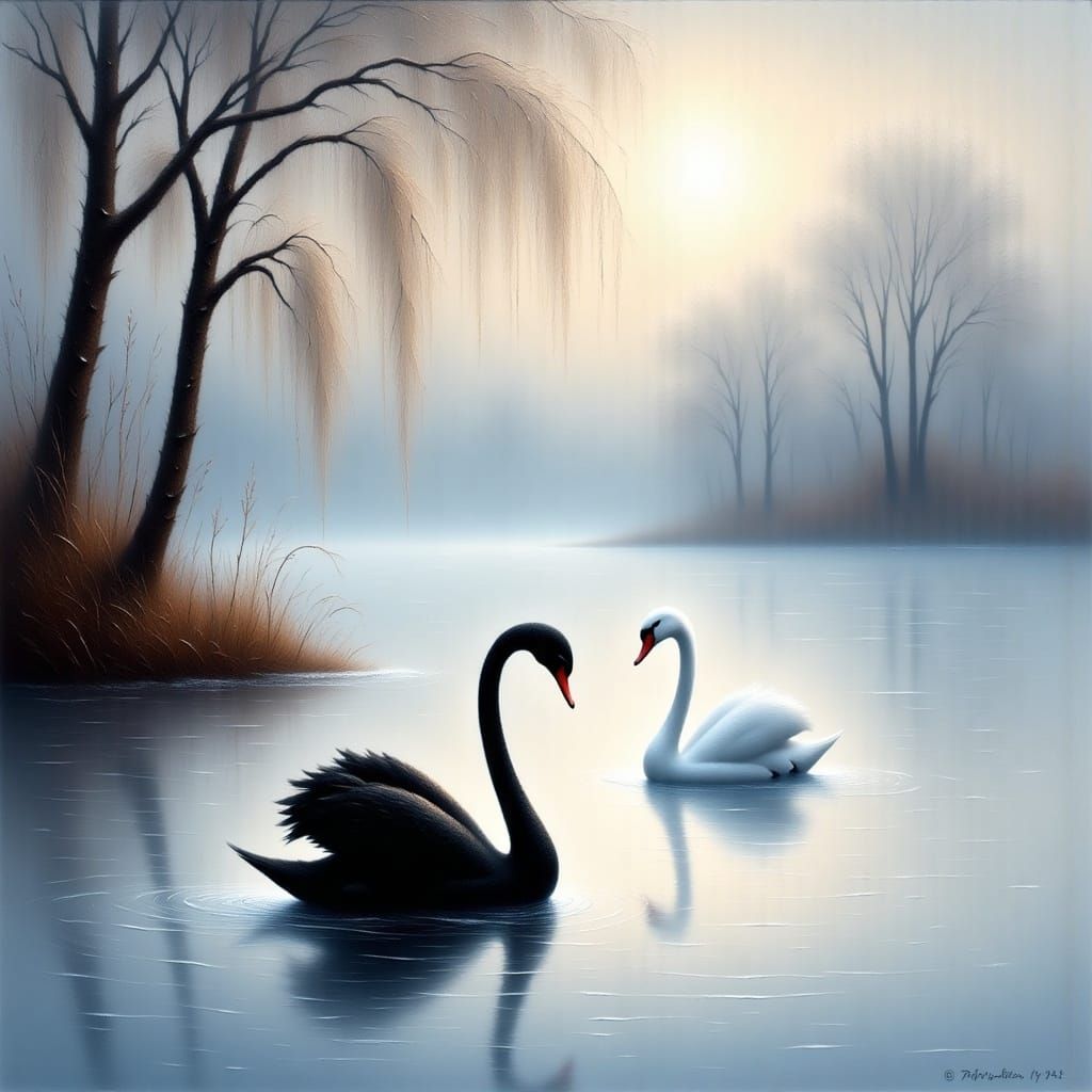 <lora:Black Theater:1.0> black swan, white swan, on a frosty lake, winterscape scenery, lakeside between a group of weaping Willow trees at...