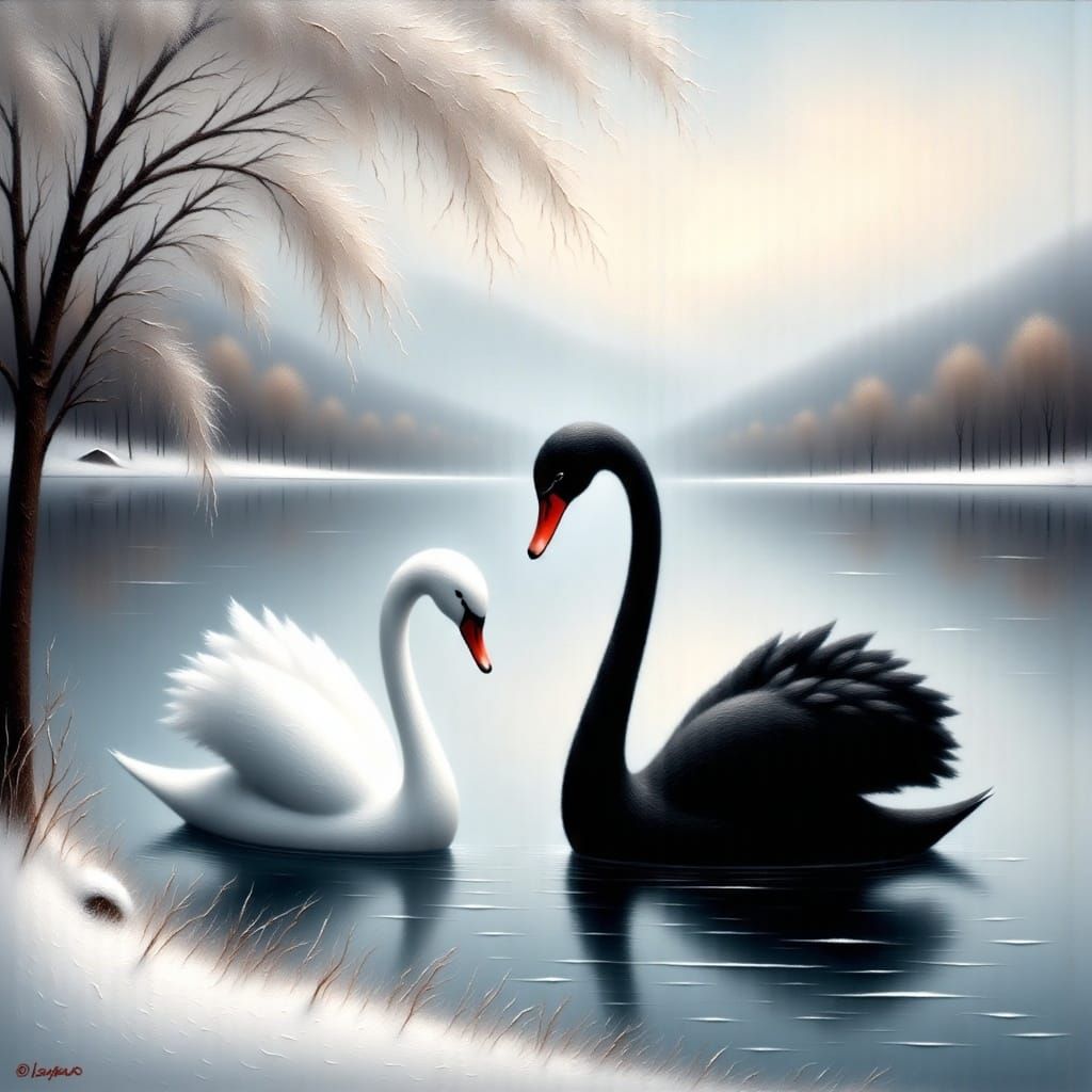 <lora:Black Theater:1.0> black swan, white swan, on a frosty lake, winterscape scenery, lakeside between a group of weaping Willow trees at...