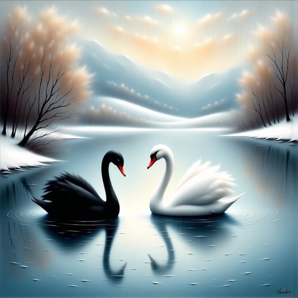 <lora:Black Theater:1.0> black swan, white swan, on a frosty lake, winterscape scenery, lakeside between a group of weaping Willow trees at...