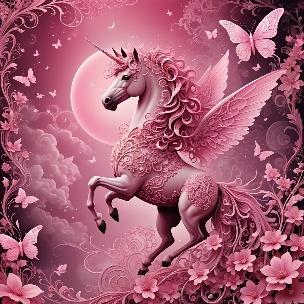 Pink unicorn, pink sky, pink butterflies,  pink clouds, pink flowers, pink moonlight, pink lacy winged ...  by @Eggsquizit aka The Purple Nana 