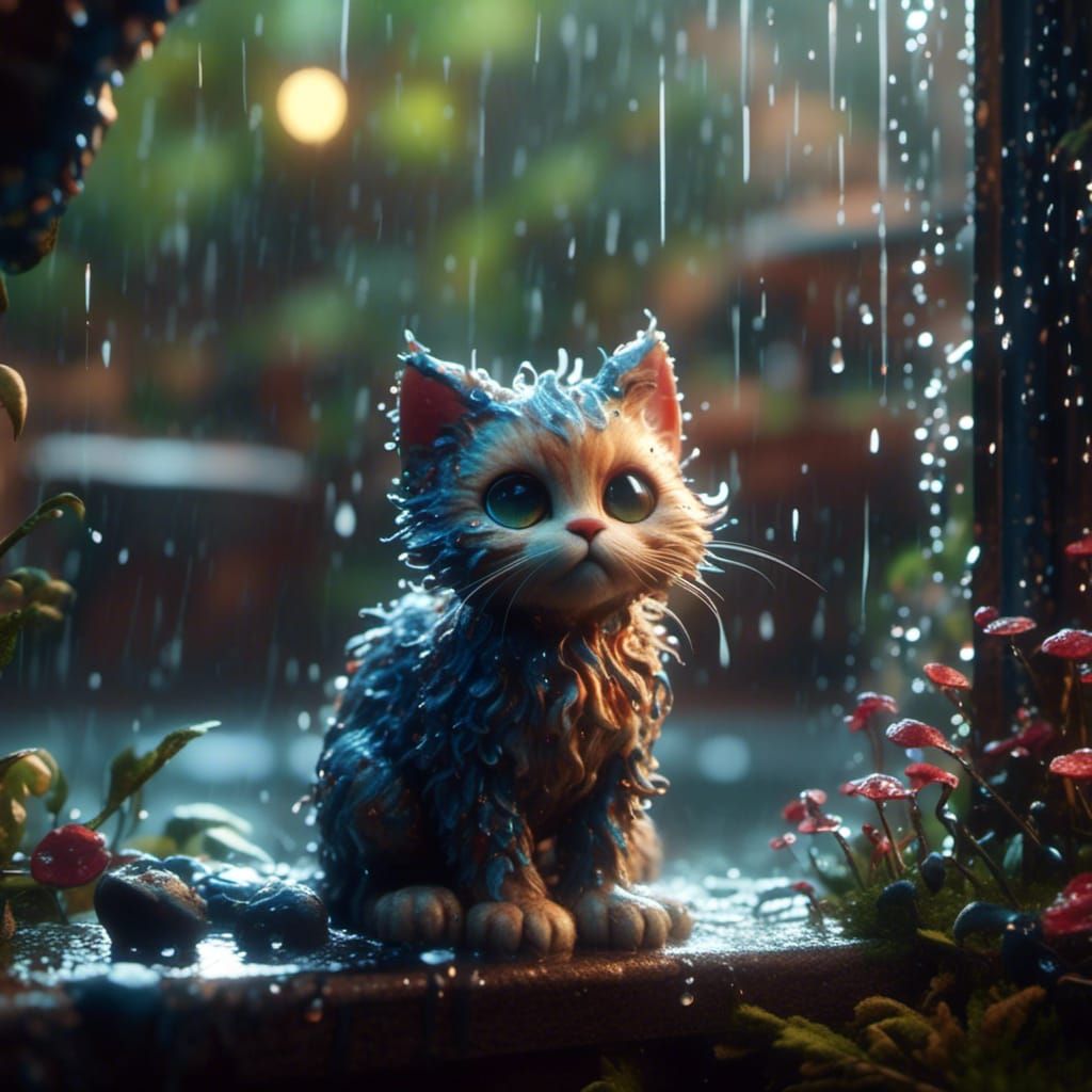  <lora:3d Chibi Imagination:1.0> beautiful cute wet cat looking outside to a rainy day