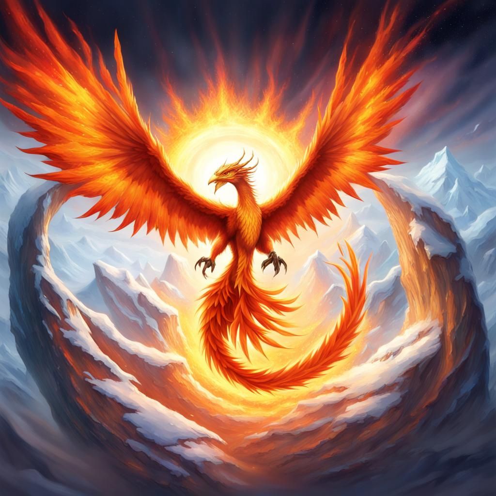 The phoenix had a flaming halo and spread its wings in the sky ...