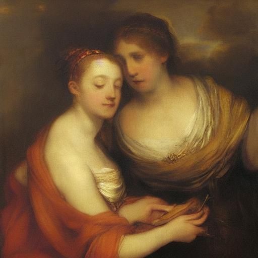 Impressionist painting. Soft focus. Two women, one blonde, o...