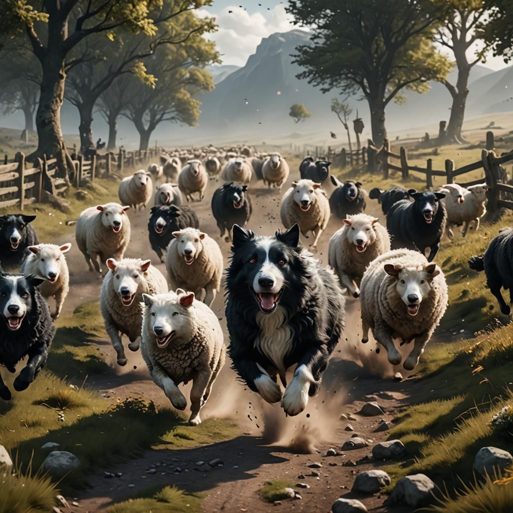 Black and white sheepdogs running after sheep