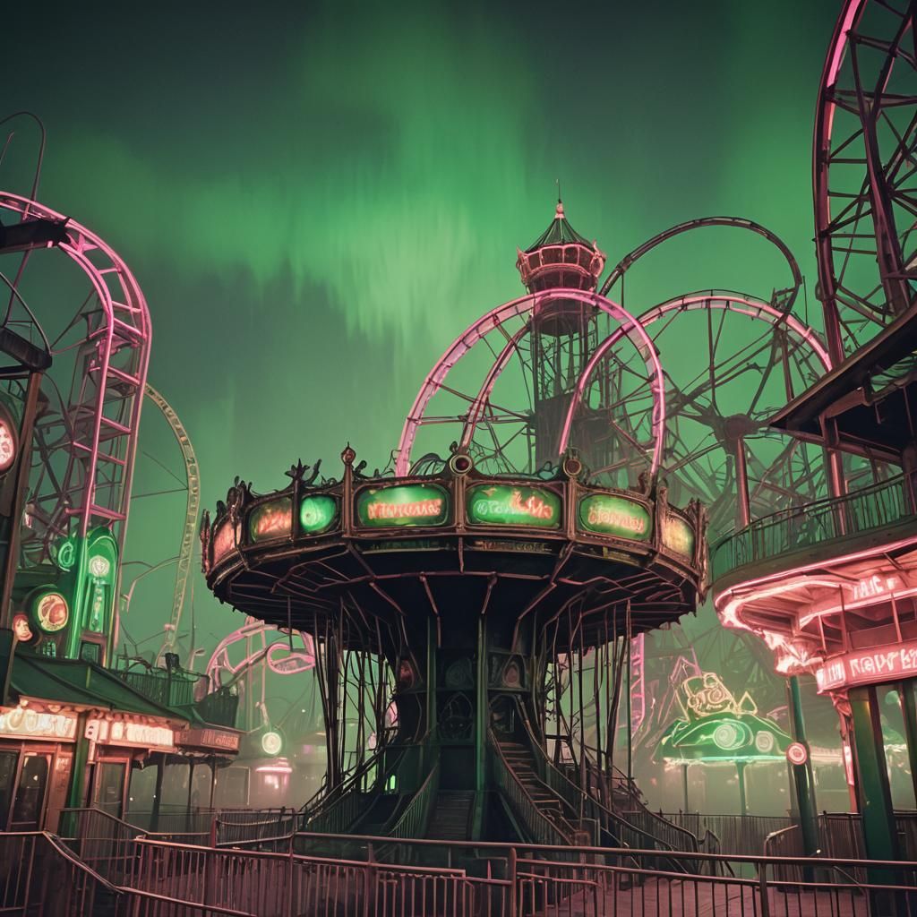Vast, dystopian themepark at dusk, rickety rollercoasters an...