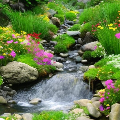 Secret flower garden with a mountain stream watching the fis...
