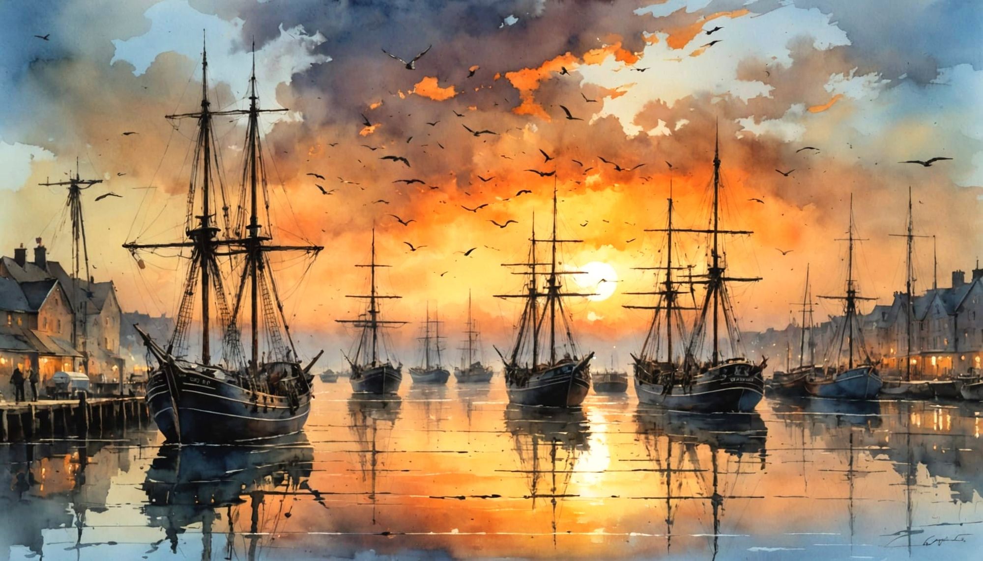 Harbour scene at sunset