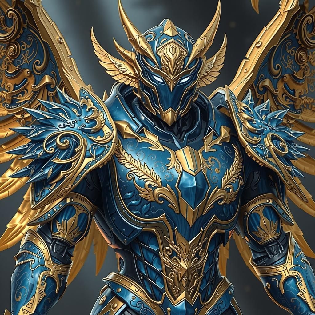 A brilliantly crafted suit of armor in Dark Steel blue and g...