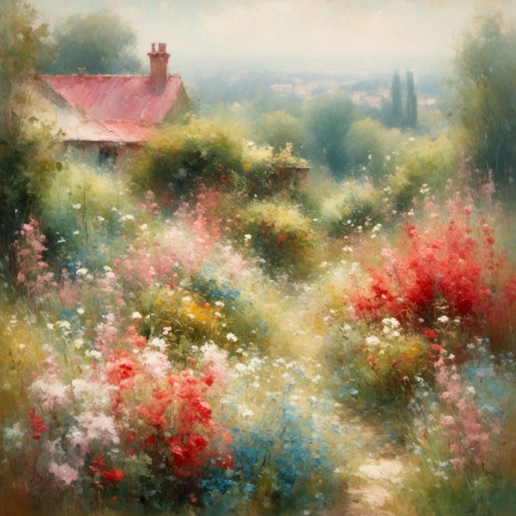  A slightly abstract impressionist-style painting depicting a tranquil, misty garden scene. 