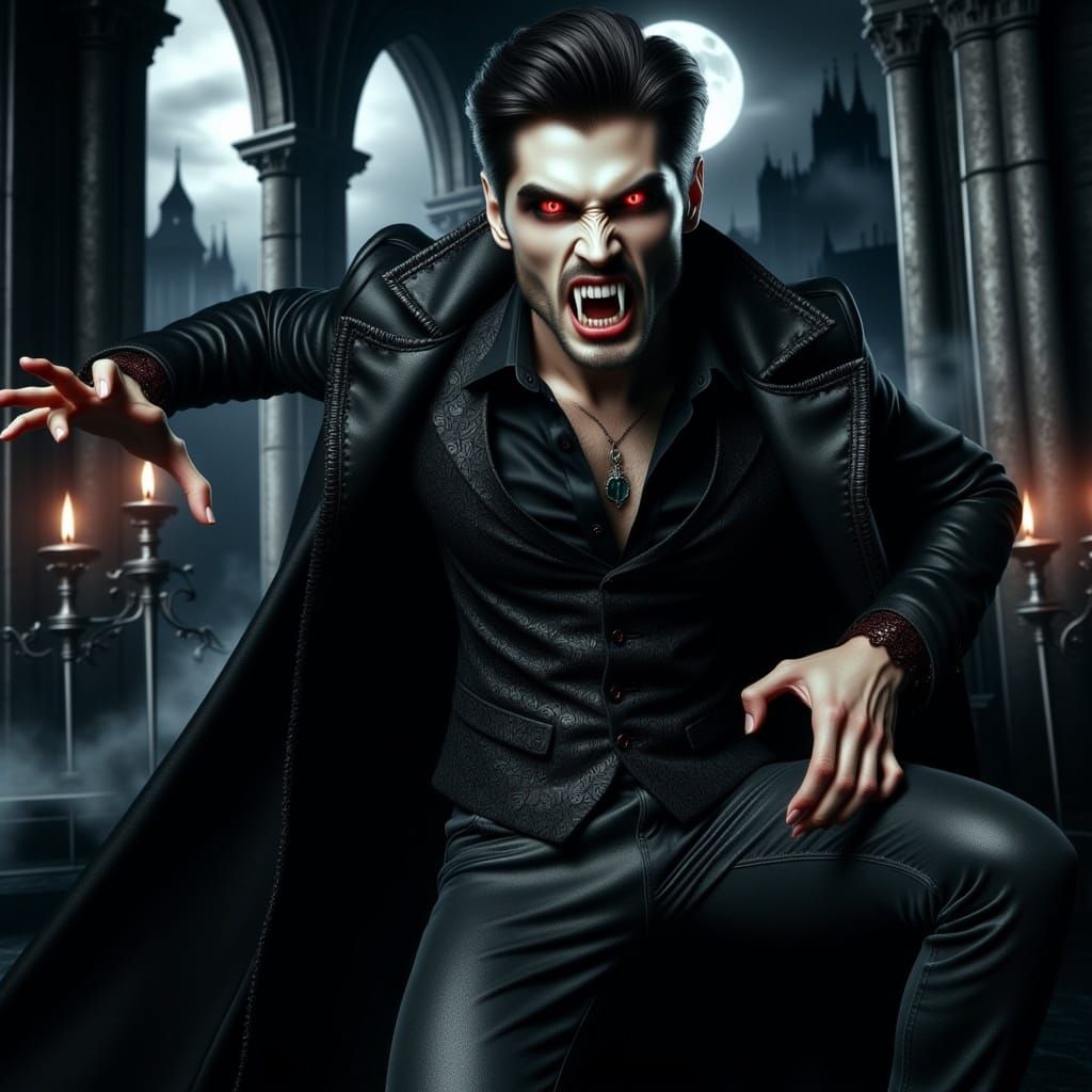 <lora:Flux Male Vampire:1.0> handsome Male vampire with glowing eyes, Anne Stokes, Greg Rutowski,  Todd Lockwood 