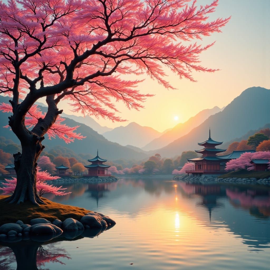<lora:RandArtz:1.0> A beautiful ancient sakura tree in front of a lake. Mountains and Japanese temples in the background.