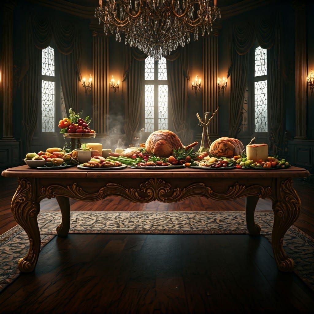 A carved wooden table, loaded with delicious food, is in a luxurious and bright living room, a pleasant and happy atmosphere