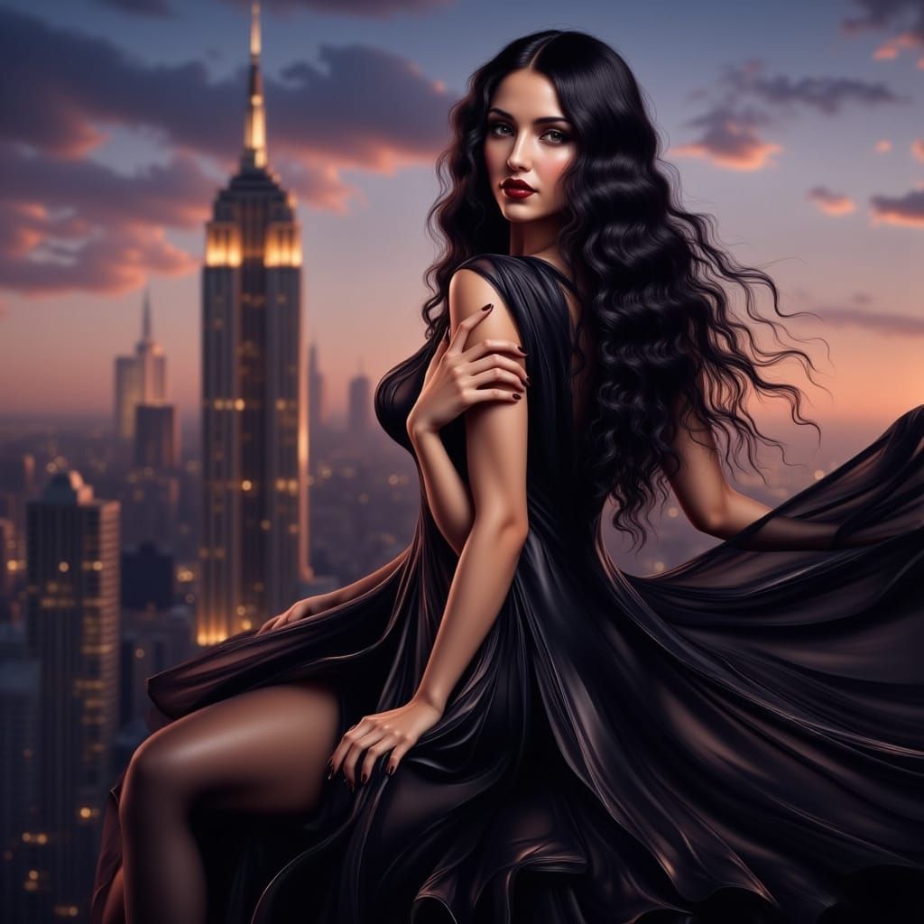 <lora:Magical Water Flux:1.0> <lora:Flappers:1.0> A WOMAN WITH LIGHT BROWN SKIN AND LONG DARK CURLY HAIR IN A BLACK DRESS POSES ON A ROOFTOP OVERLOOKING A CITY SKYLINE AT DUSK.