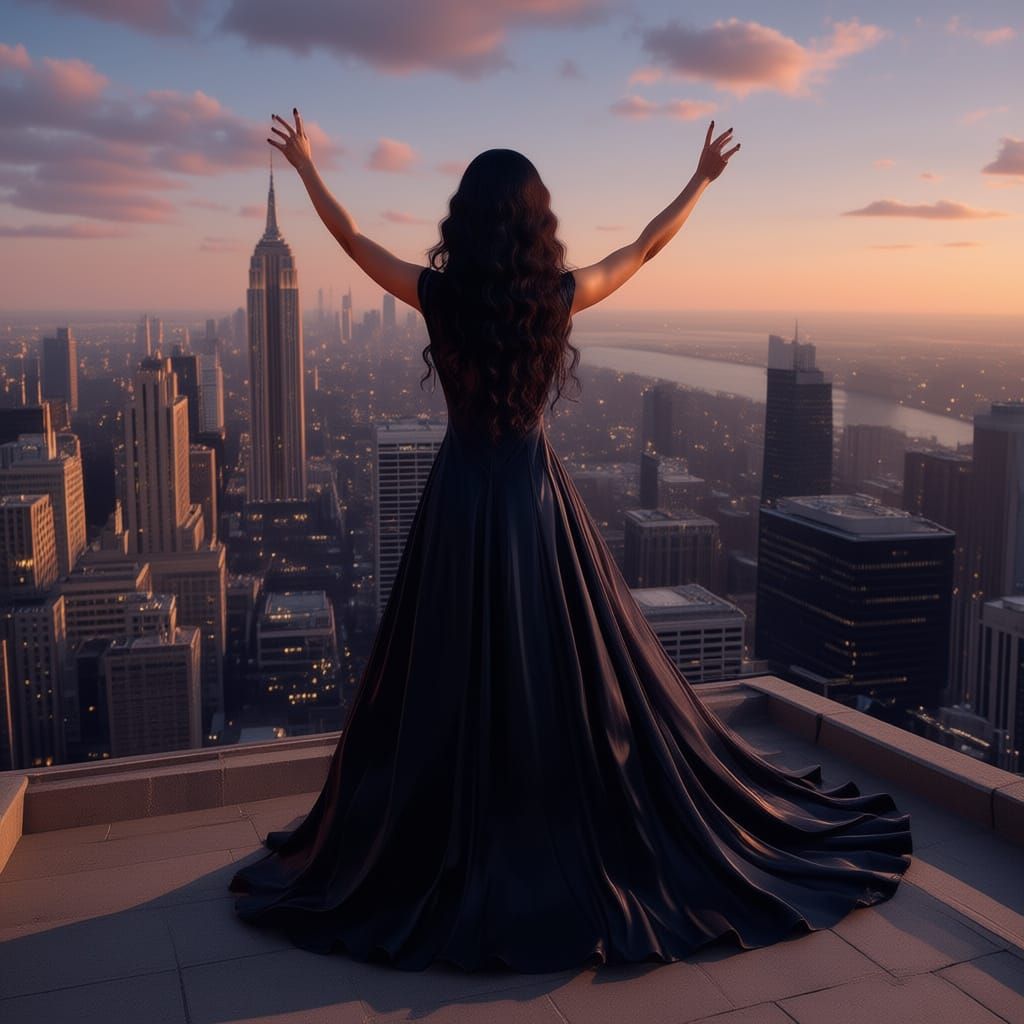 <lora:Magical Water Flux:1.0> <lora:Flappers:1.0> A WOMAN WITH LIGHT BROWN SKIN AND LONG DARK CURLY HAIR IN A BLACK DRESS POSES ON A ROOFTOP OVERLOOKING A CITY SKYLINE AT DUSK.