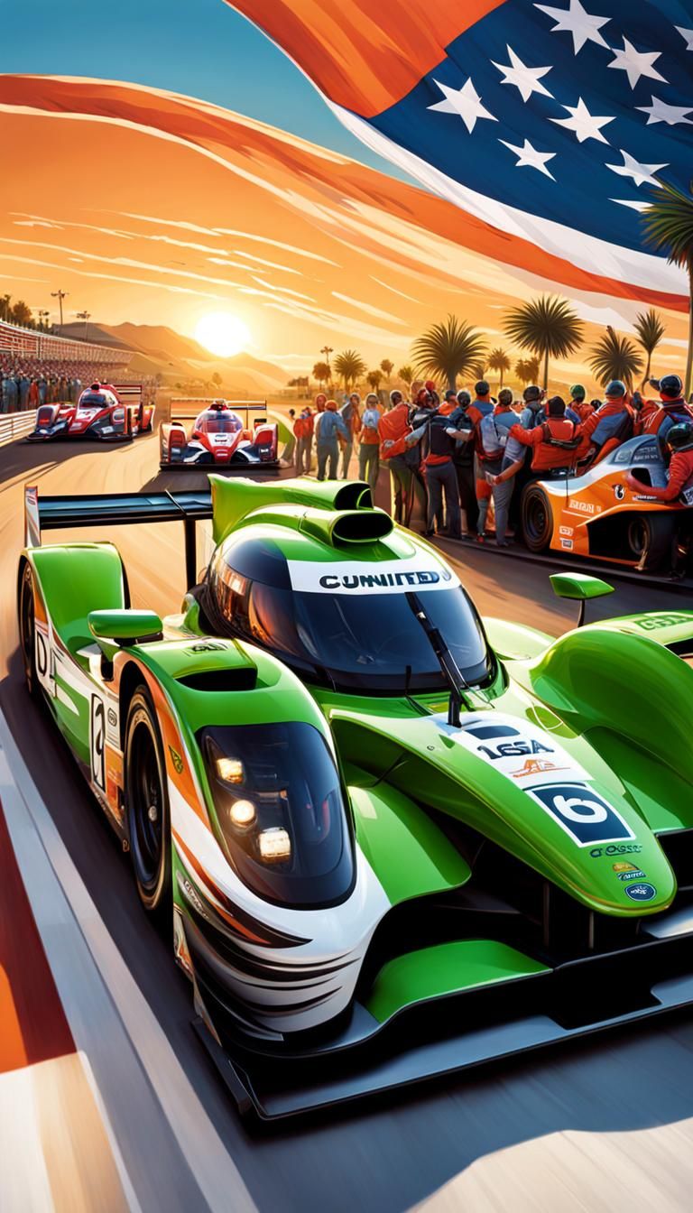 Hyperrealistic photo of a lmp2 car white and green, palm tre...