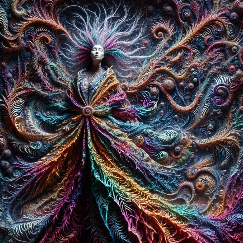 <lora:kkd-fractalcolor:1.0>Goddess wearing a patterned coat, pointy hair, Fractal, surreal, colorful, zebra patterns, swirl