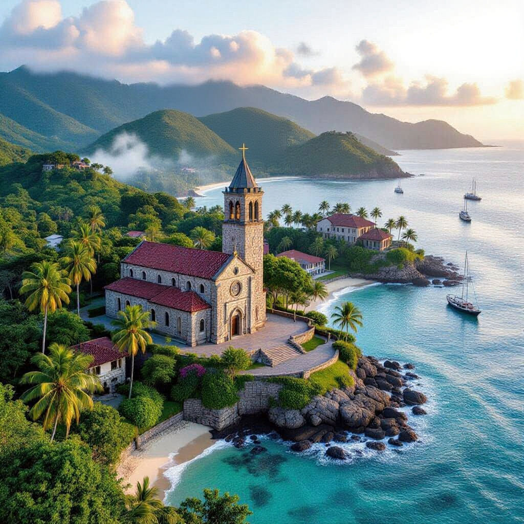 A large tropical island with a few rolling hills and lush greenery, tropical flowers and palm trees that has a stone Romanesque catholic chu...