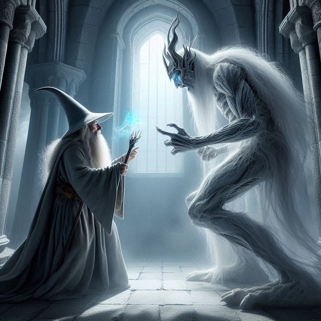 Gandalf the Grey battles Saruman the White in the Tower of t...