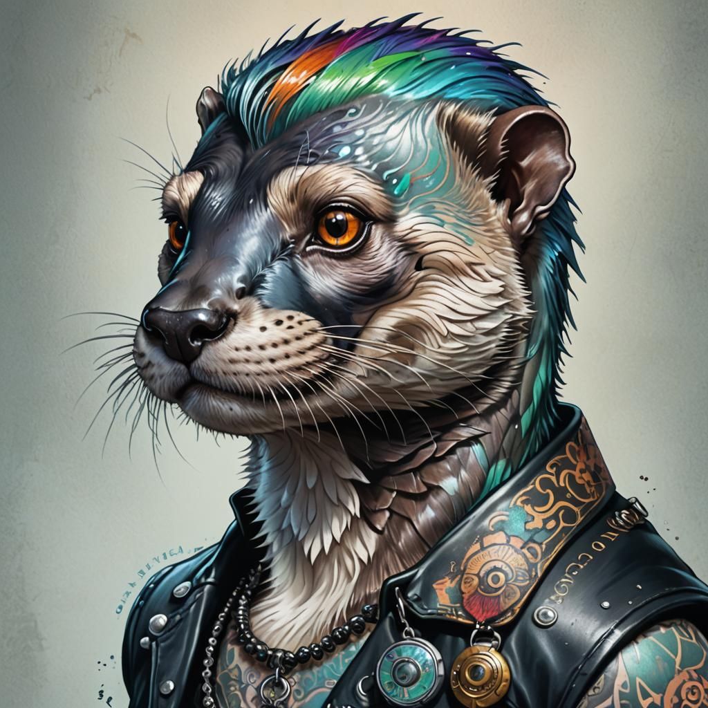 Cartoon portrait of a punk otter with multicolored opalescent hair and a mouse on his shoulder , branding ...  by @ReaverG