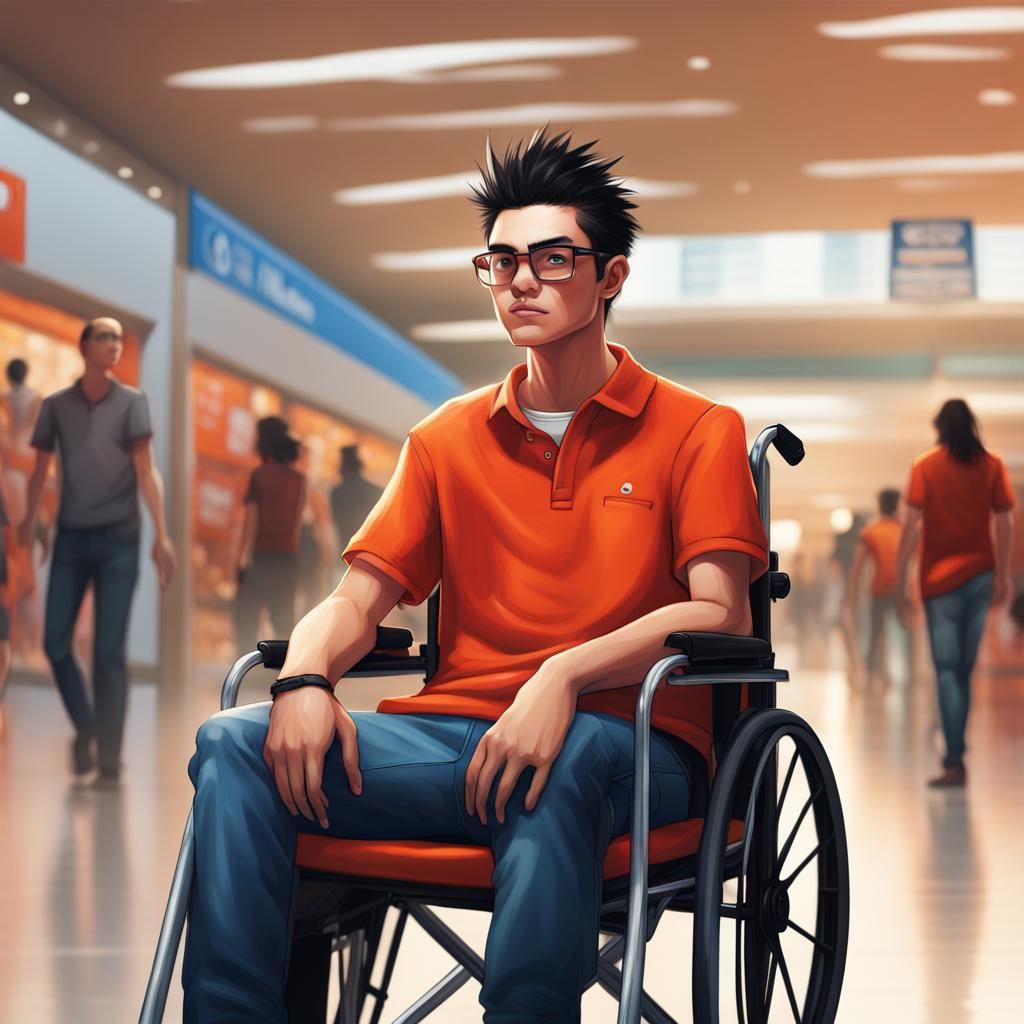 16-year-old character sitting in a wheelchair in the mall, f...