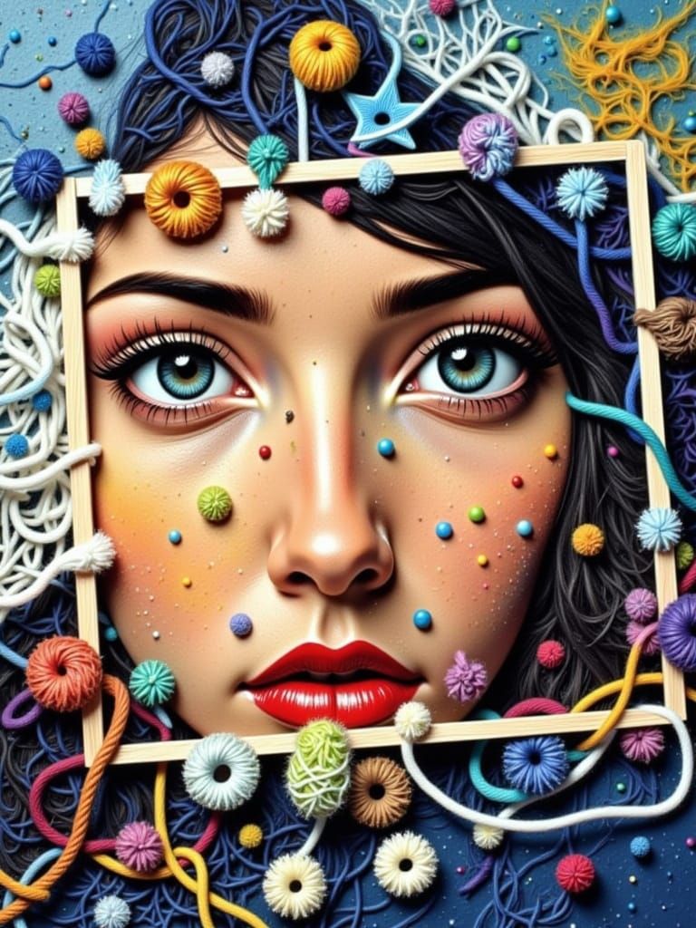 <lora:ChromaDraw:1.0> Photo realism    woman weaves strands of color into fine art