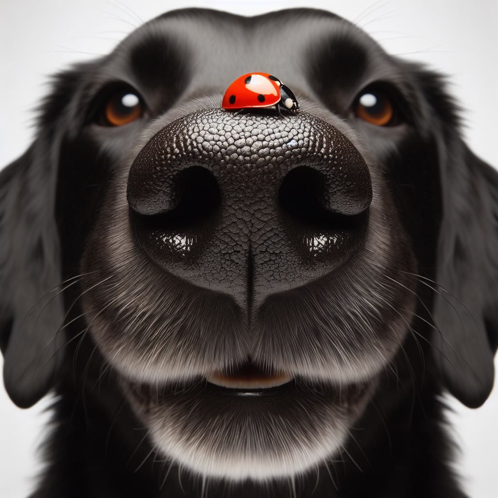dog with ladybug resting on its nose