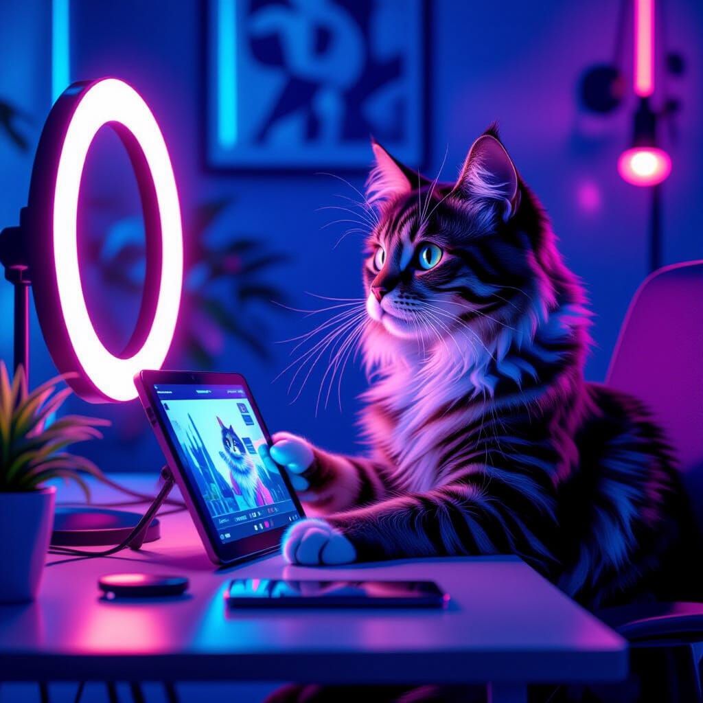Digital painting. A Gen Z cat sitting at a desk, recording a video with a tablet and ring light in hand, rendered in vibrant neon colors and...