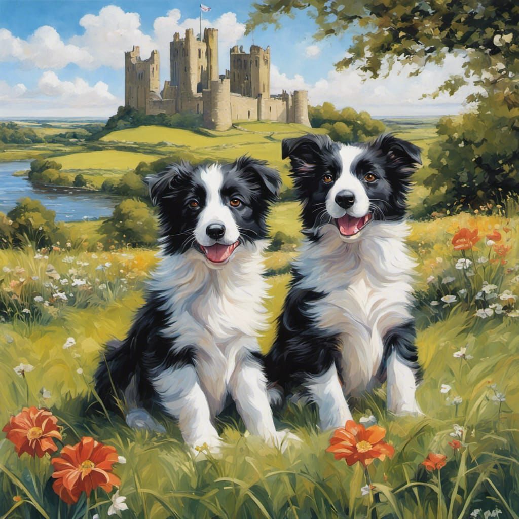Cute Collie puppies visit Warkworth Castle in Northumberland AI Generated Artwork NightCafe