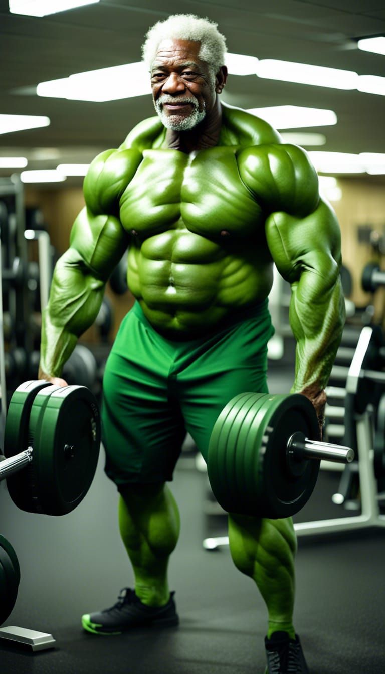 Morgan Hulk Freeman, lifting weights in a gym, green skin
