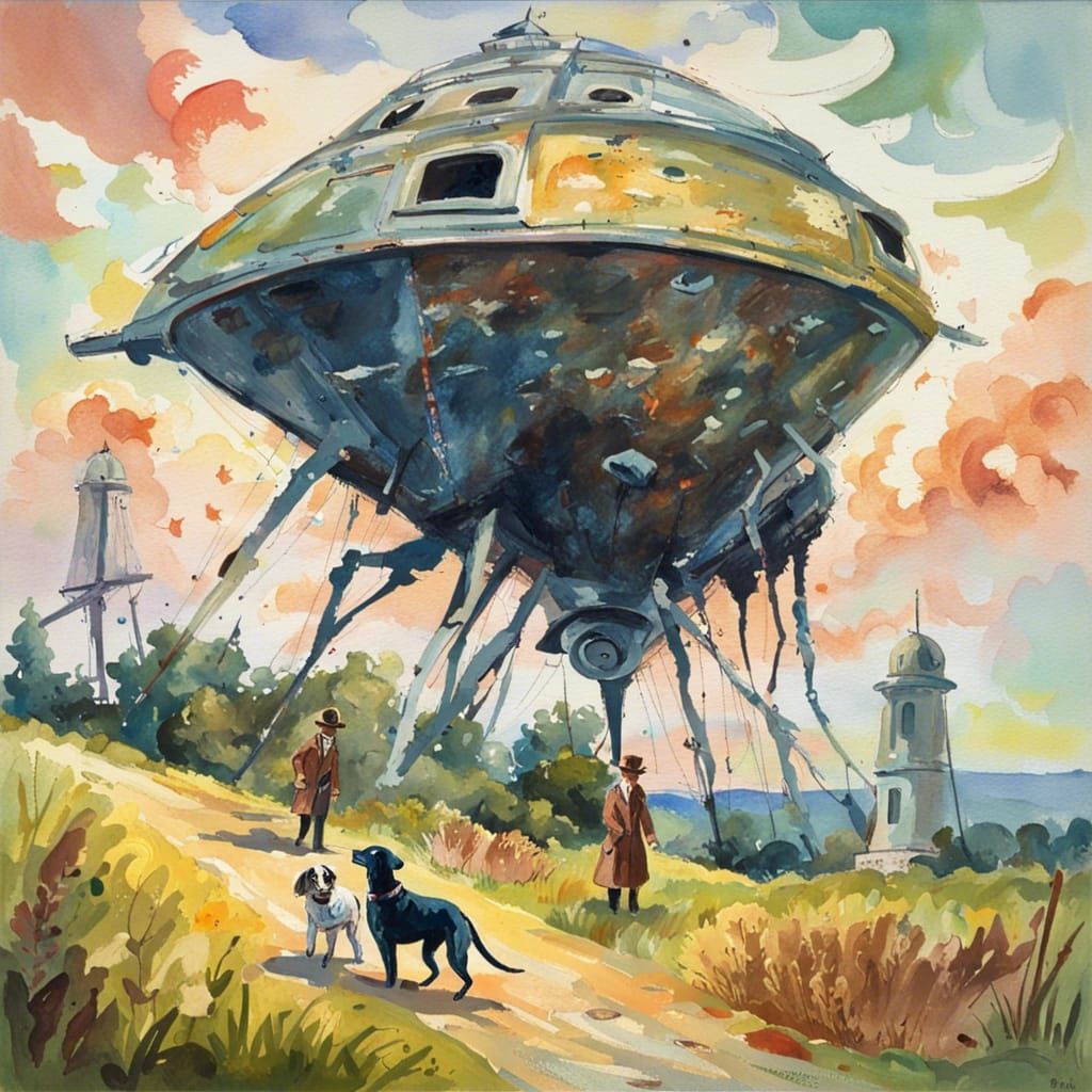 Iowa landscape with a crashed alien vessel being investigate...
