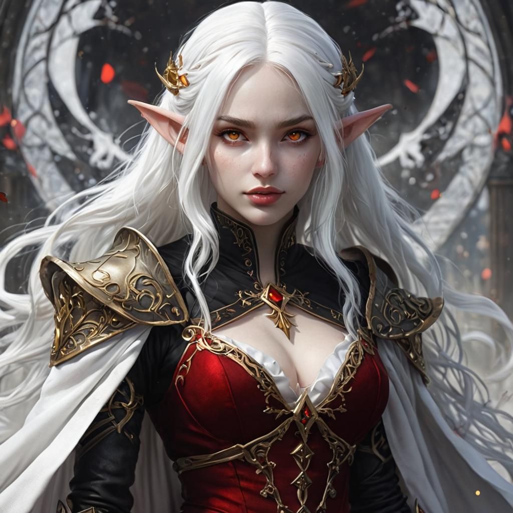 A young female elf with pale skin and snow white hair. Her eyes are bright red, she she is dressed in all black, gold and scarlet red. Geome...
