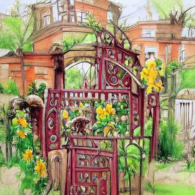 Victorian colored sketch, lush comfortable; Sunny Garden Gate