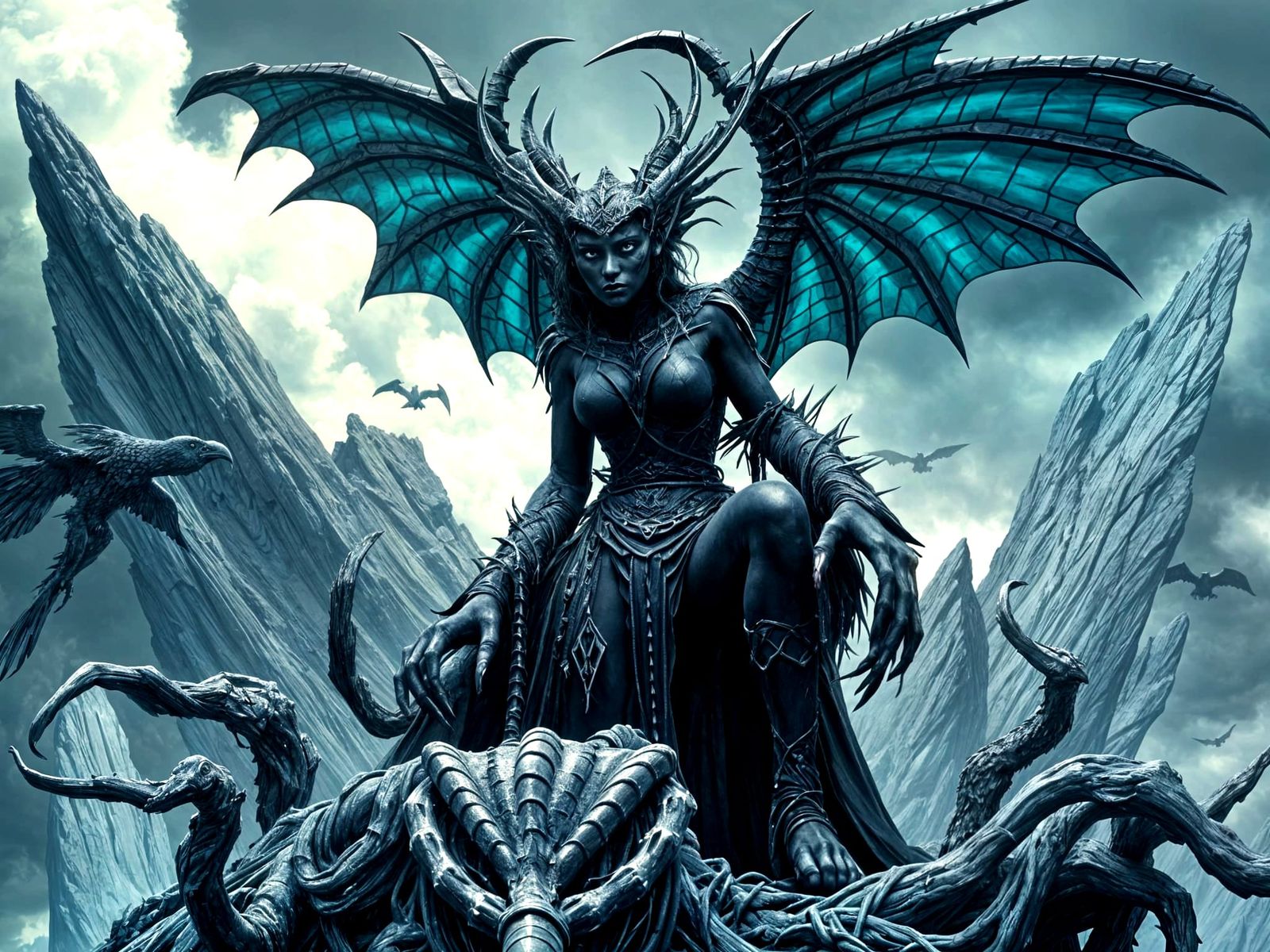 A powerful harpy queen with piercing emerald eyes, raven-black skin, and razor-sharp talons, reigning ...  by @Quebra