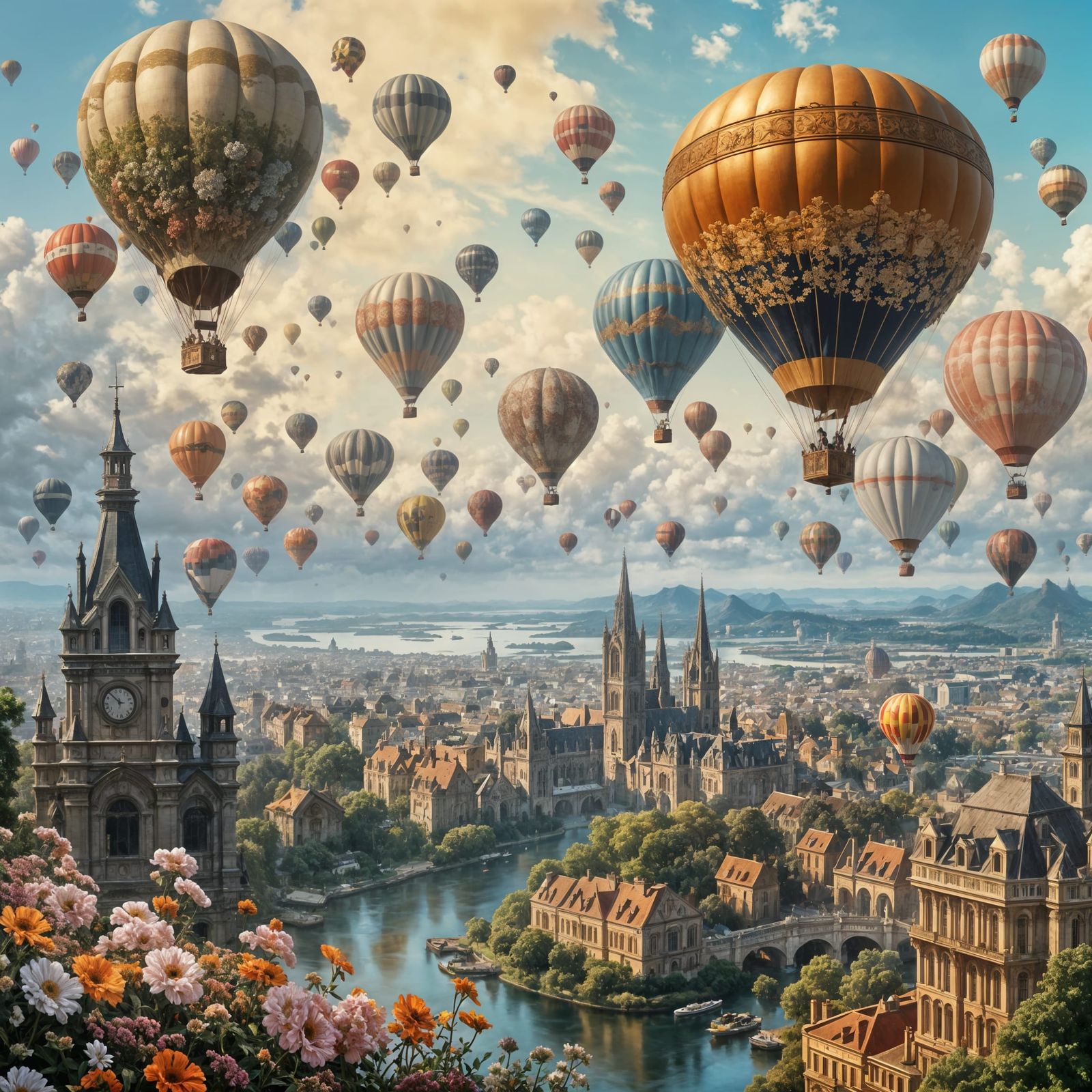 Extreme close up  sky with many ultra detailed and beautiful Victorian hot air balloons made of fluttering flowers that ...