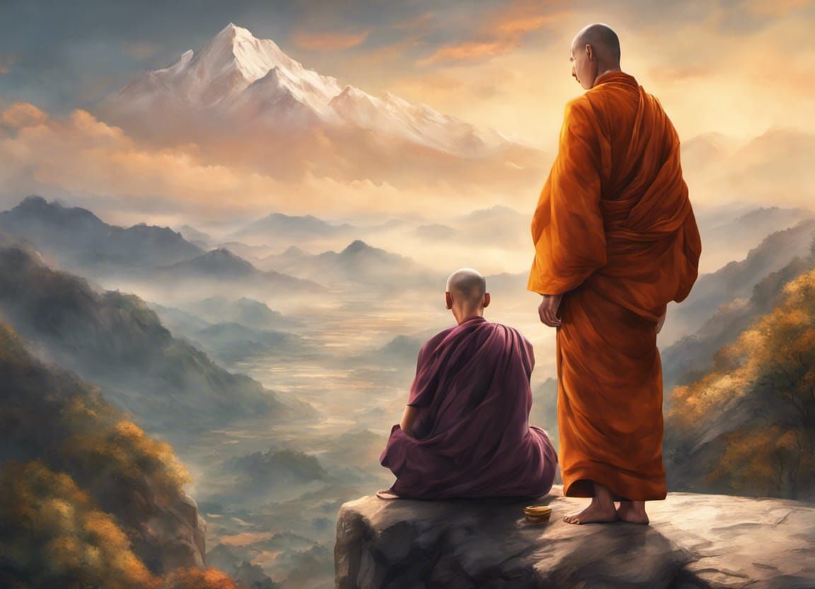 a Buddhist monk and his disciple, mountain, beautiful landscape, perfect composition