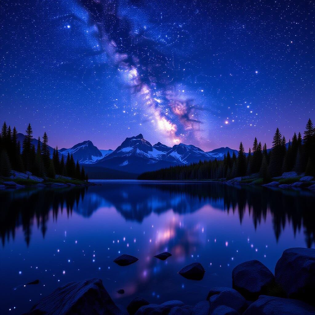 A pristine mountain lake at twilight in Montana's wilderness, mirror-perfect water surface reflecting the entire cosmos above. Summer Milky ...