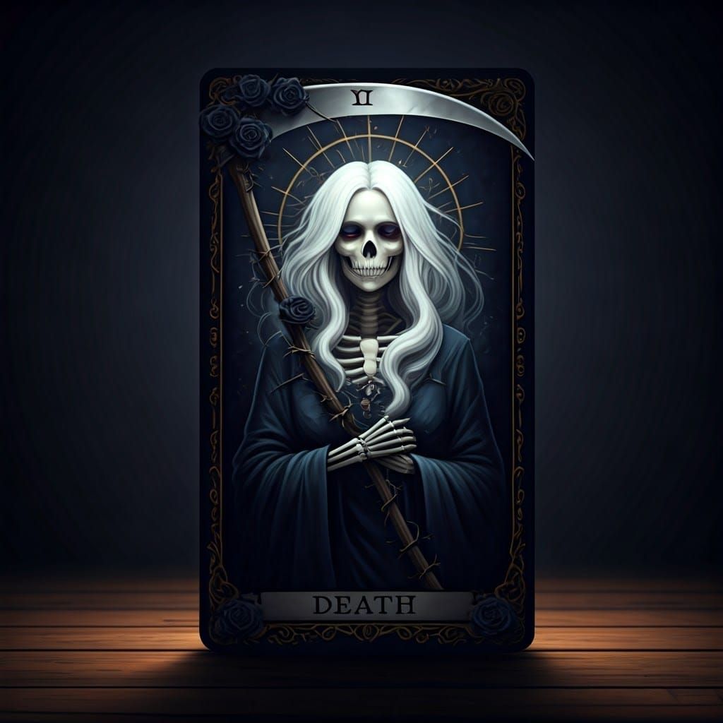 3D tarot card, DEATH card, beautiful rendition following the divine-proportions rule, Beautiful pretty skeleton face white Lucious flowing h...